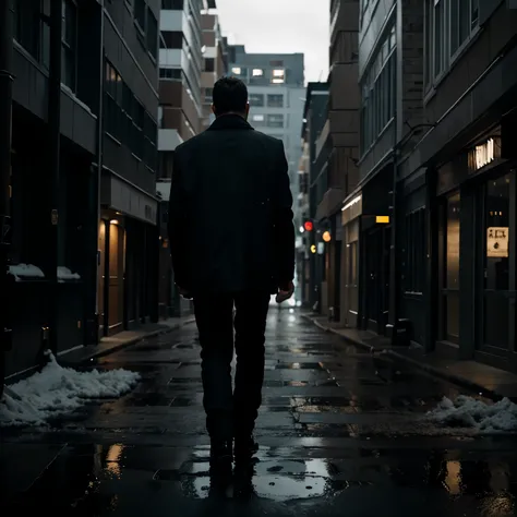 Creates an image of a man walking down a dark street and cold, gloomy buildings