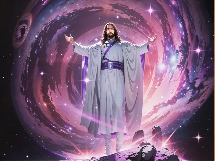 painting of Jesus standing in the center of a purple galaxy, Jesus Cristo in mass effect, jesus, the background is heavenly, dreamshaper, realistic