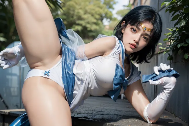 arafed asian woman in a tight white sailor uniform and tiny blue skirt posing for a photo, very sexy pose, elegant seducing pose, sexy look, sultry body,  anime girl cosplay, ((tiny blue miniskirt|plaid miniskirt)), ((huge breasts|white sailor uniform)) ((...