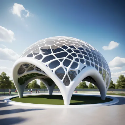 There is a huge white structure，There is a round roof, by Zha Shibiao, Parameterized structure, Parametric architecture, futuristic dome, High quality architectural art, 3D printing architecture, futuristic architecture art, Octal Rendering, parametric des...