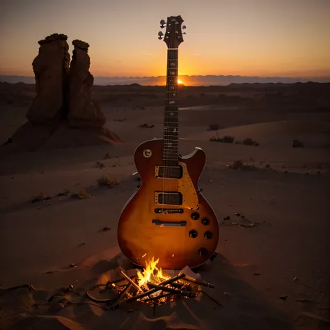 una guitarra encendida fuego en el desierto por el atardecer 