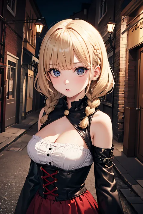 round_Face，Small，blonde hair，braids，gary eyes，Fear，eccentric，On a dark street，Big breasts,Ragged clothes,lolita,tiny