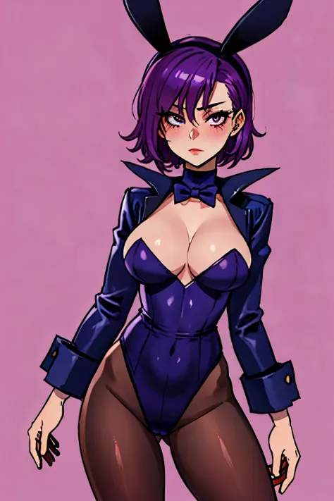 girl with short, purple hair, in a playboy costume, standing straight, full length