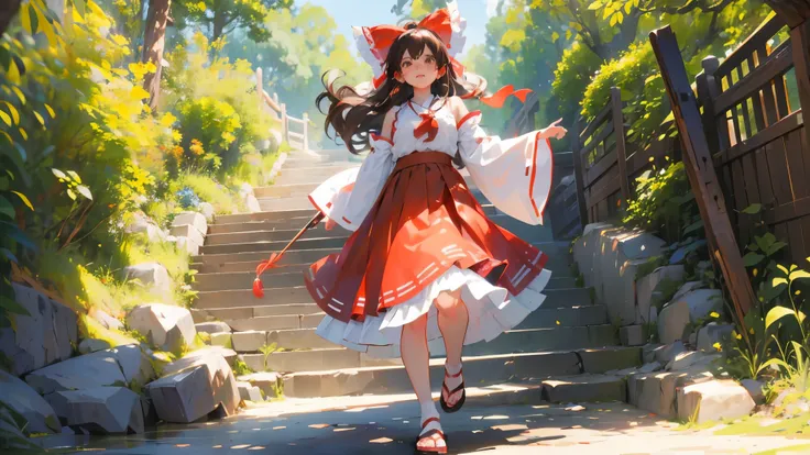 Hakurei Reimu, (brown eyes:1.5), brown hair, bow, hair bow, capillary, long hair, red bow, side lock, ascot, bare shoulders, Black footwear, Separate sleeves, Decorative clothing, decorate, japanese clothes, unconventional miko, red skirt, sandals, Salahi,...