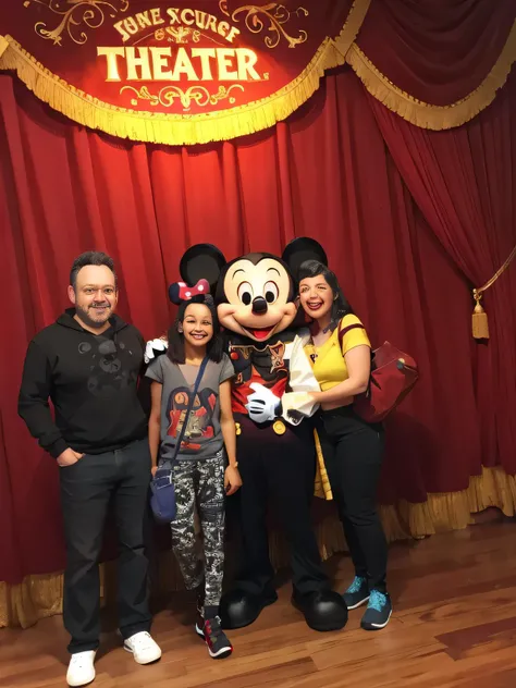 there are three people in front of a red curtain, in Orlando adventure, at Disney, Disney, Magic Kingdown, Mickey Mouse, Disney!!, family photo, Disney artist, magic Kingdown as a background, Mickey Mouse ears, Disney World, full body photo, Disney photo. ...