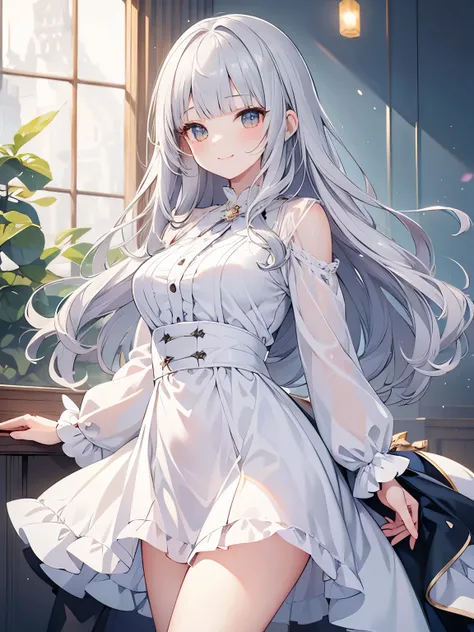 masterpiece, best quality, ultra-detailed, illustration, cute, Girl, Solo, Silver hair, fairy,  medium hair, wavy hair, blunt bangs, blouse, smile, wearing White one piece