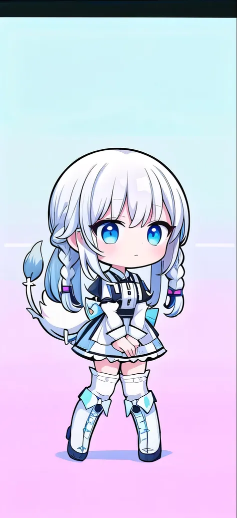 long white hair，maid outfit，white stockings，boots，tail，braids，blue eyes