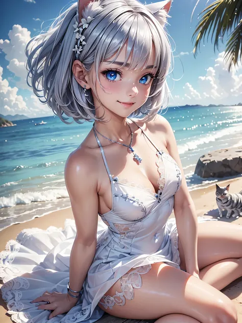 (masterpiece:1.3), (8K、photorealistic, Raw photo, best quality:1.4), (1 girl), (solo), (15 year old beautiful silver-haired Scandinavian girl), (Very beautiful and attractive woman, beautiful silver hair、intense blue eyes, strong eye highlights), (cute, li...