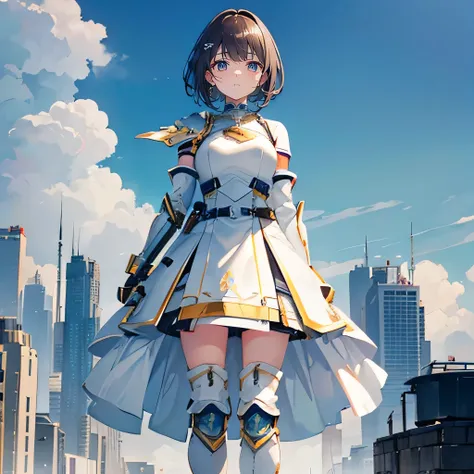 brown hair，Short hair details，through bangs，yellow eyes，Lovely，teenage girl，White gorgeous beautiful dress，Tech Armor，heavy armor，Sci-fi elements，weapons in hand，She wears knee-high boots.，whole body照，whole body，Fingers and arms are not exposed，Background ...