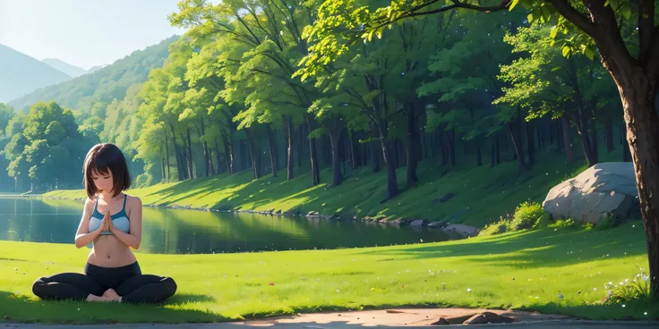 Girl sit in yoga pose green landscape at night closing her eyes feel the nature of ambient to reset her mind go deep inside her soul to communicate with alpha wave
