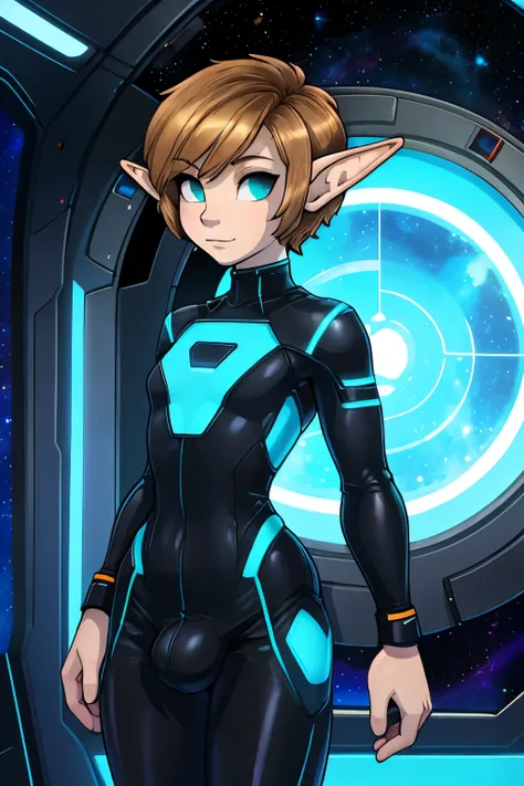 Cute elf, tomboy, space station background, feminine body, thin body, slim, tron bodysuit, short hair, dark blonde hair, slick back hair, forehead, huge bulge in pants, Orange and black clothes