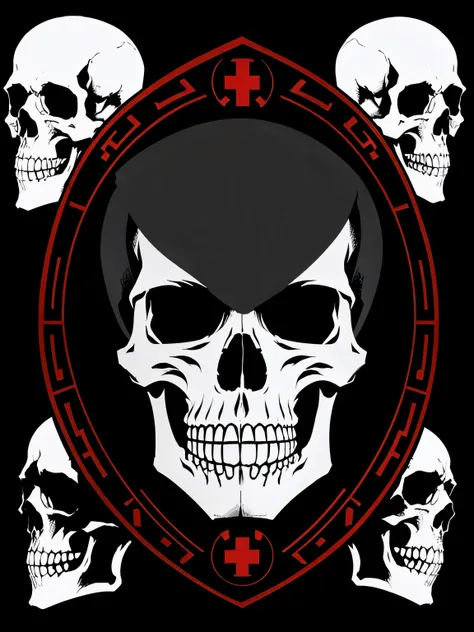 Create a high-resolution digital illustration of an X-ray badge in a red,  black, and white theme. The badge should feature a collage of human skeletons and skulls in a variety of colors and sizes, black and white background with high contrast.