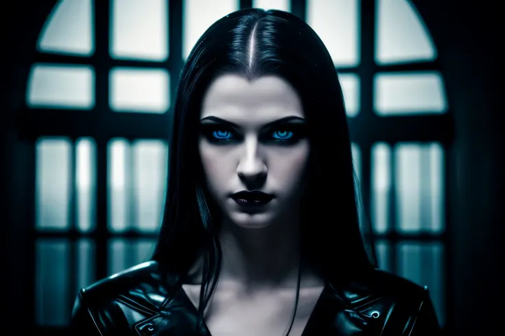 ((masterpiece)), ultra-realistic, portrait of a beautiful pale-skinned vampire with (black enamel), a deep dark makeup, bright blue eyes, in a dark and gloomy environment. (Prompt is in Portuguese)