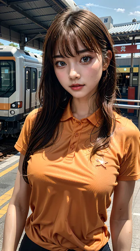 realistic pictures (1 cute korean star) flipped hair, light makeup, medium chest size, orange polo shirt, At the train station, Canon EOS&#39;s distinct features, 16k, High resolution, Sharp, realistic details,  exposed exposed, interrupt, UHD, High resolu...