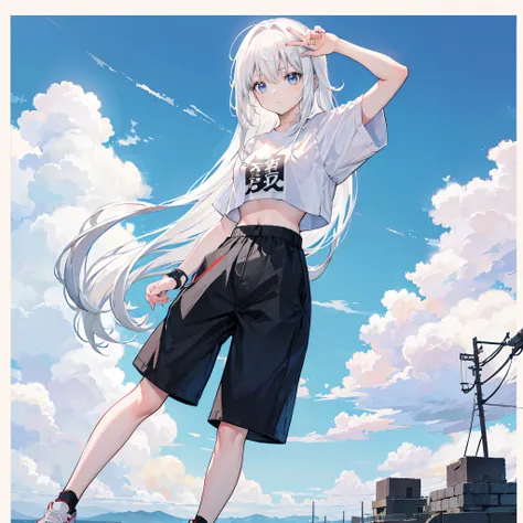 white hair，long hair，Bangs，Bangs neatly，gray eyes，black headband，girl，cute，，White short sleeves，boot cut pant，crop topping，Wearing sneakers，Stand up exercise，whole body，Dont show your arms，The background is the port，Blue sky and white clouds，