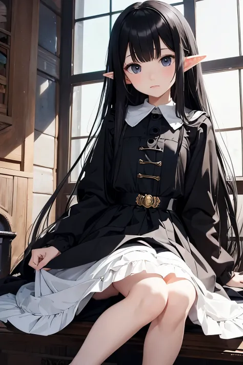 loli、Elf、Sex、Apprentice dress、Gentle、black hair、long skirt、Don&#39;t hold up your skirt with your hands、Expressionless