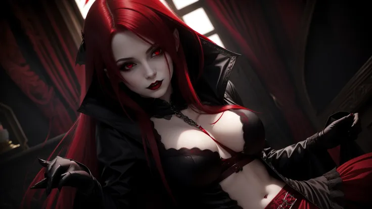 "seductive female vampire with gothic attire, blood red hair, and vampire fangs stained with blood."