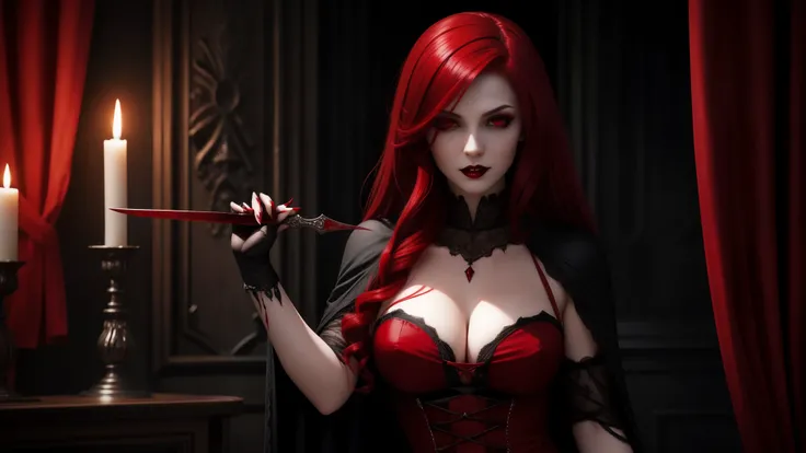 "seductive female vampire with gothic attire, blood red hair, and vampire fangs stained with blood."