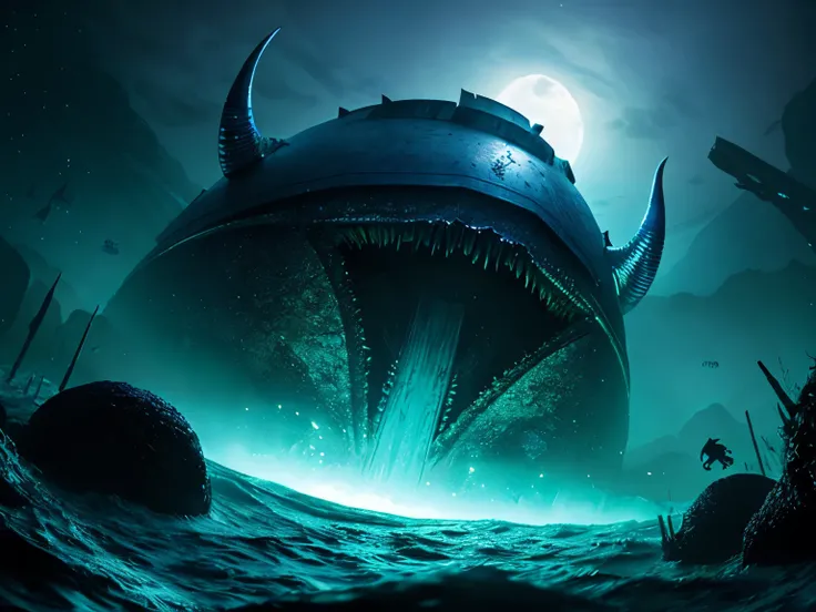 A giant monster-like alien that lurks in the depths., dark sea