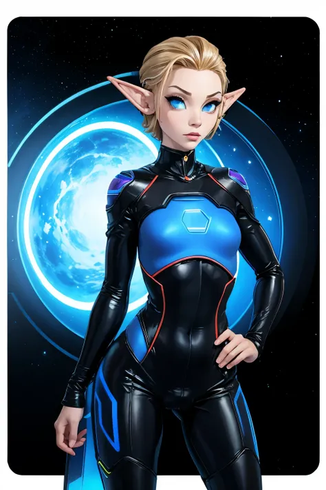 cute elf, femboy, tomboy, space station background, thin body, slim, tron bodysuit, short hair, dark blonde hair, slick back hai...