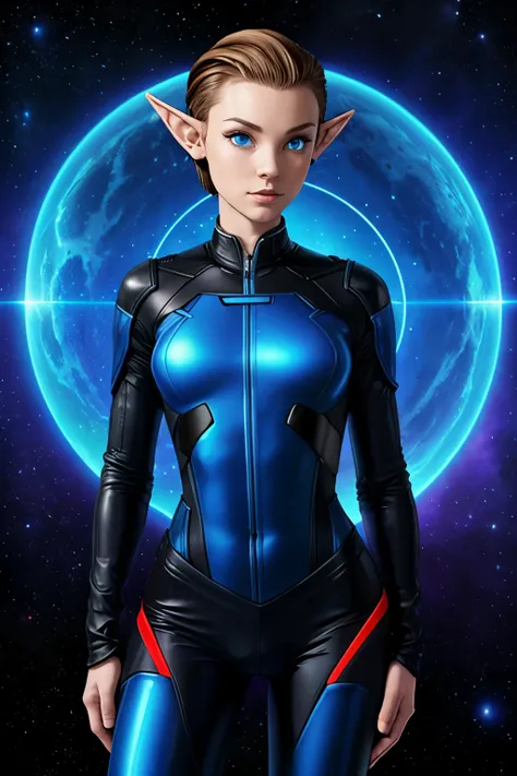 cute elf boy, tomboy, space station background, thin body, slim, tron bodysuit, short hair, dark blonde hair, slick back hair, f...