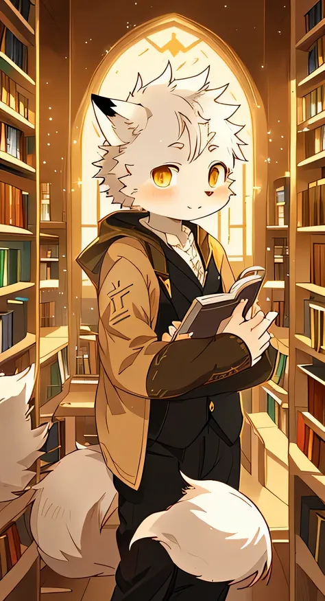 unique,Kanno,white fox,male,hairy,best quality,Shota,Humanity,claws,hairy tail,Golden Sun Rune,cute,Sparkling golden eyes,library