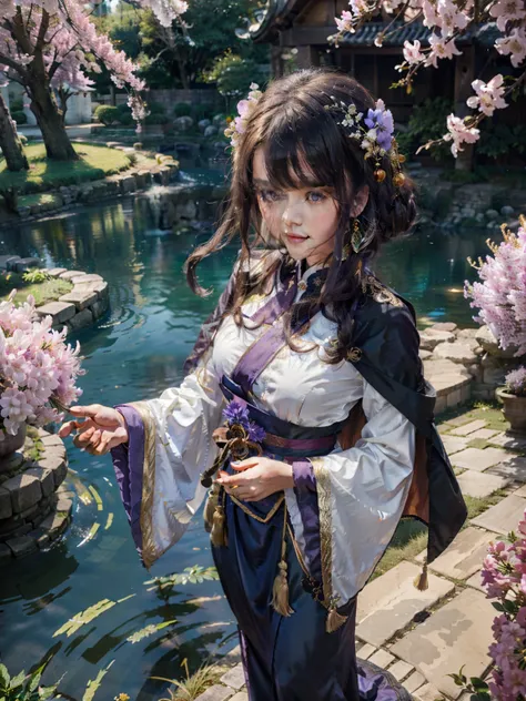 The perspective is from top to bottom，woman，Exquisite handwork，Black waist-length hair，Purple eyes are full of love，golden pupils，purse lips，light smile，Purple tasseled cape decorated with a moiré pattern in pure gold thread，White silk long sleeve hanfu，St...