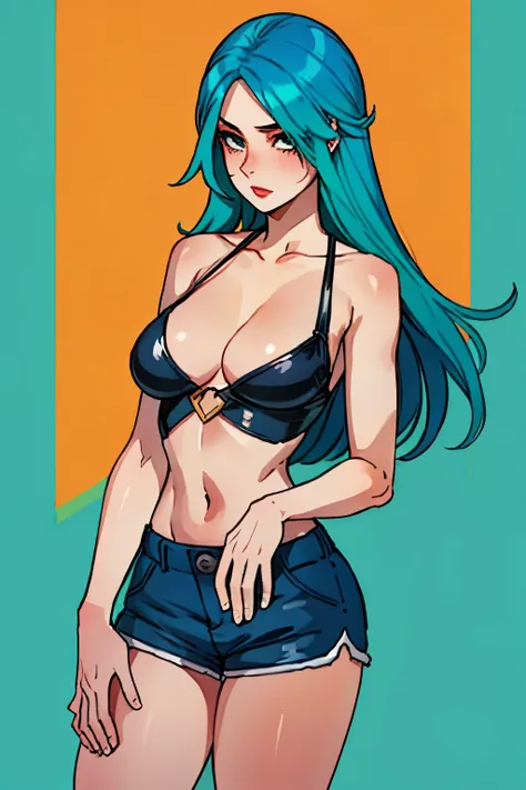 Girl with turquoise hair, stands only in small leather shorts, Big breasts, hands on chest 