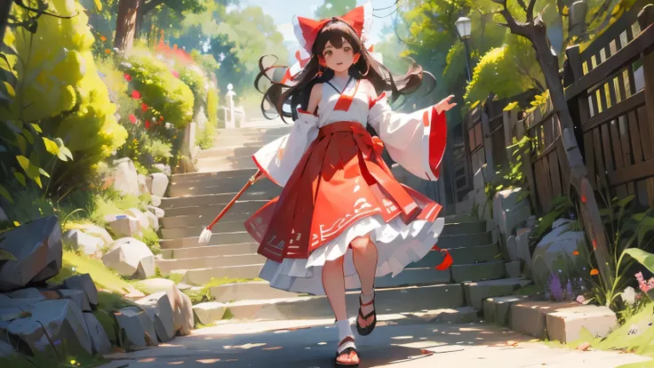 Hakurei Reimu, (brown eyes:1.5), brown hair, bow, hair bow, capillary, long hair, red bow, side lock, ascot, bare shoulders, Black footwear, Separate sleeves, Decorative clothing, decorate, japanese clothes, unconventional miko, red skirt, sandals, Salahi,...