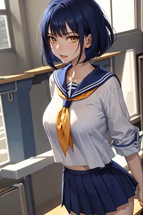 anime woman、solo、Game CG style、masterpiece、highest quality、High resolution、woman with short dark blue hair、yellow eyes、bob cut、scarface、big breasts、woman with very large breasts、tall woman、clavicle、、high school girl、sailor suit、白いsailor suit、Blue sailor co...