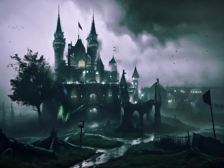 (best quality, 4k, highres, ultra-detailed, realistic:1.37), mysterious place, foggy atmosphere, melancholic, futurist green lighting, huge castle, red flags, dead trees, desaturated colors, muddy colors. Huge castle please. Scary.