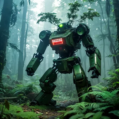 plant，old jungle，Mossy，droid，robot,Covered with vegetation, fog，Science fiction，Forgotten，movie posting