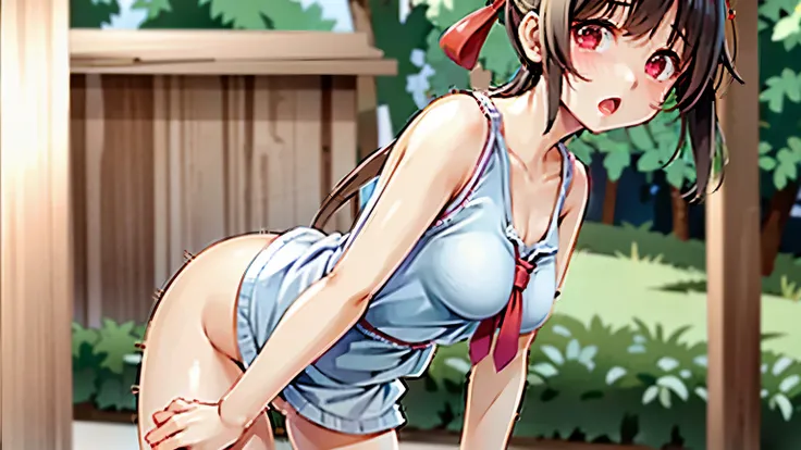 masterpiece, 2D, Wear a nightgown, girl in her 20s, japanese girl, small breasts, perfect skin, perfect figure, tie hair back, gravure,wearing pink Randoseru Backpack, Side view, (Randoseru Backpack:1.0), Are standing, park background, No panties, No bra, ...