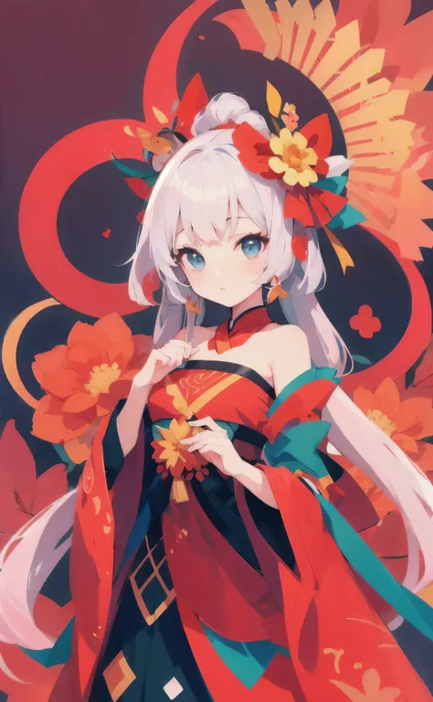 Wearing a red and blue dress、Anime girl with flowers on her head, anime style 4 k, Cute anime waifu wearing beautiful clothes, anime art wallpaper 8k, Anime Art Wallpaper 4k, anime art wallpaper 4k, Anime cute art style, Onmyoji portrait, anime style. 8K, ...