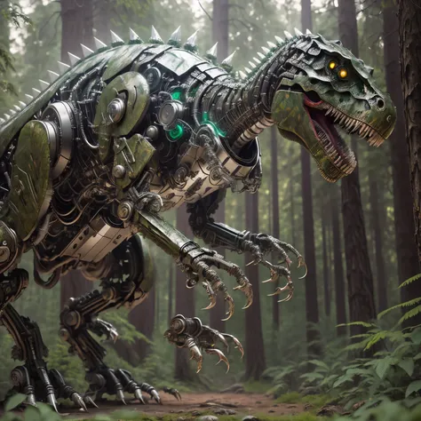 (最high quality, masterpiece, high detail), (8k, high quality, surreal), tyrannosaurus cyborg reaching out with its hind legs mec...