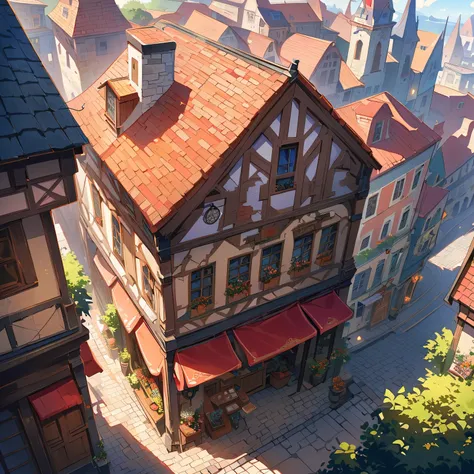 Open the window on the top floor The View Outside the Window，Picturesque town square center，Surrounded by colorful buildings and cobblestone streets。The surrounding buildings reflect the charm of the European countryside，The warm sunshine bathes the square...