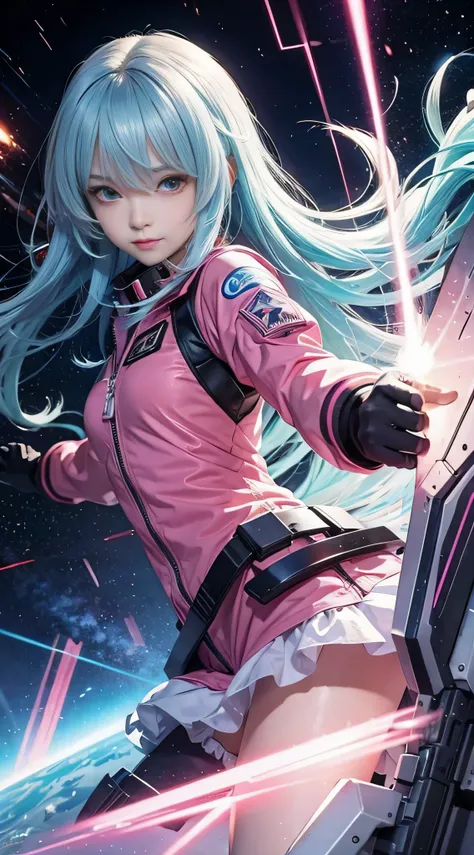 RAW image quality, One super cute girl is wearing a pink jacket armor, mechanical wing, space war background, Rainbow Aura Body, supernova power, light blue hair, red eyes, perfect body, sexy, neon glow, Shooting Beam Cannon, sad mood, very detailed, comba...