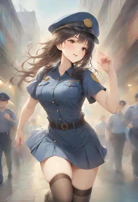 masterpiece, best quality, very aesthetic, absurdres, full body shot,(police costume:1.3), (button gap:0), police skirt, police ...