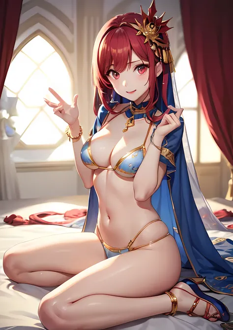 best quality、Photoreal、Super fine illustration、beautiful and charming anime girl、Eris Greyrat、Red hair、red eye、Ahoge,（serious expression、close your mouth）、（tall、slim body、small breasts、firm round chest,（Hairstyle Long Straight））、The only girl、girl pictures...