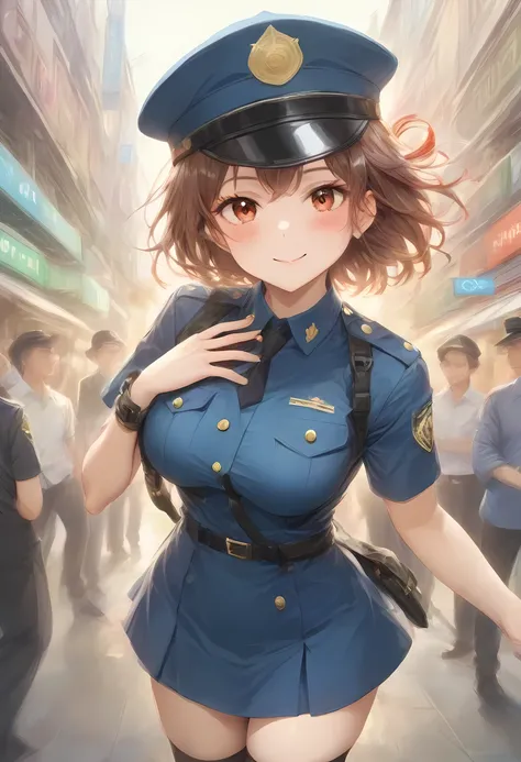 masterpiece, best quality, very aesthetic, absurdres, full body shot,(police costume:1.3), (button gap:0), police skirt, police cap, stockings with garter, on the crowed street, spirit of the wind, 1girl, nishikigi chisato, lycoris recoil
