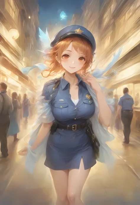 masterpiece, best quality, very aesthetic, absurdres, full body shot,(police costume:1.3), (button gap:0), police skirt, police cap, stockings with garter, on the crowed street, spirit of the wind, 1girl, nami (one piece), one piece