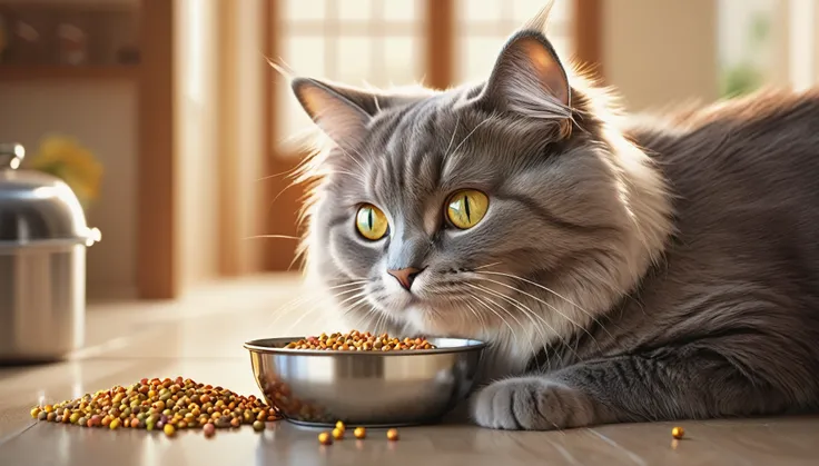 (best quality,ultra-detailed,photorealistic:1.37),cat eating cat food,beautiful detailed eyes,fluffy fur,eating with enthusiasm,paw touching the bowl,shiny metal cat food bowl,delicious smell and taste,multi-colored pellets,whiskers twitching,having a sati...