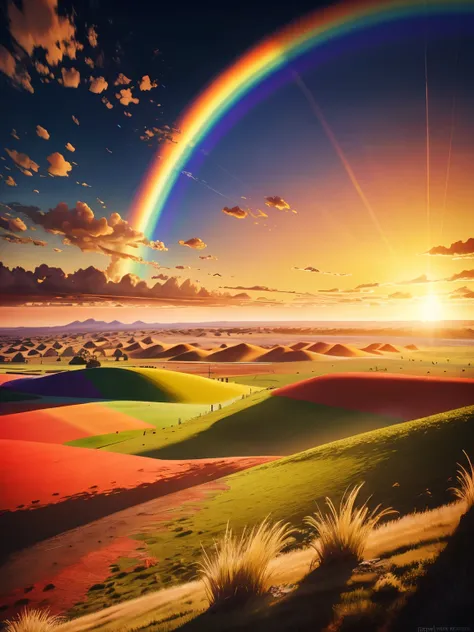 Breathtaking scene of a rainbow appearing over grassy plains, a setting sun casting warm hues across the horizon, ultra-detailed representation, high quality rendering in 8k resolution.