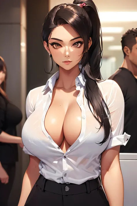 (masterpiece, best quality, detailed illustration, high resolution), ((1girl, solo)), ((huge breasts, large breasts, slim waist, long legs, fit body, toned body)), ((full body, closeup view)), ((standing)), ((looking at the viewer, facing the viewer)), off...