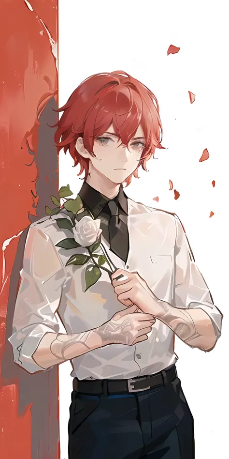 (Graffiti Red Sky),,(Super details:1.3), 1 boy (Paper:1.2),,(stand in the corner , (cool:1.2),(white short hair, Side parted bangs) + ( hair pointing around ), (Hold rose petals in right hand), (The expression doesnt matter), (Wearing a loose black shirt) ...