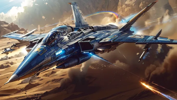 (best quality,4k,8k,highres,masterpiece:1.2),ultra-detailed,(realistic,photorealistic,photo-realistic:1.37),concept art of an aggressive scifi fighter jet with blue white and gold paint, sharp edges, desert background, motion blur, sunrays shine through th...