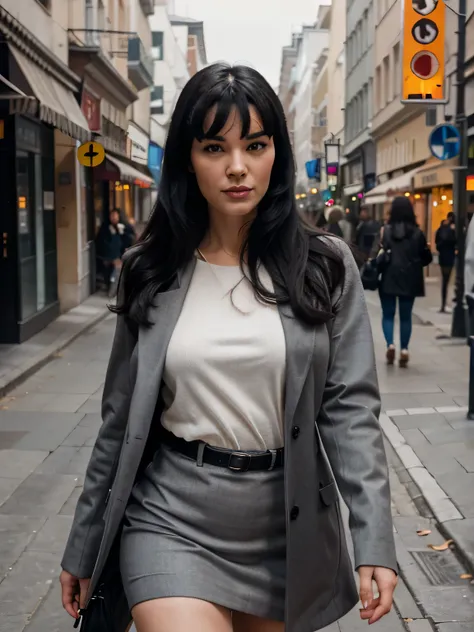 bettie Page Long black hair. Wearing grey coat. Walking in the street. Masterpiece. Best quality. Ultra realistic. Photorealistic. photo captured in stunning Ultra HD, 8k resolution, Nikon D850, — style raw — c 10 — ar 2:3 — s 250V