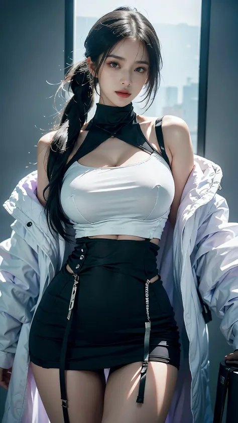 masterpiece,best quality,High resolution,8K，Focus on thighs and above,original photo,digital photography,(sci-fi style women),20 year old girl,Long ponytail hairstyle,through bangs,(purple eyes),(white hair),plump breasts,felling,Elegant and noble,Serious ...