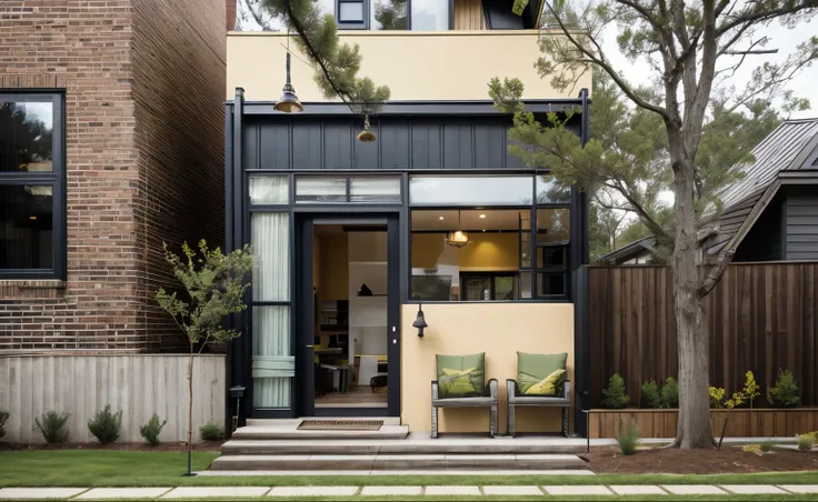 house exterior industry style, dark yellow and green color scheme, like an oldtime industry factory,raw materials, exposed structural elements, and simple, clean lines,rough-hewn steel, polished concrete, glass, and exposured brick,