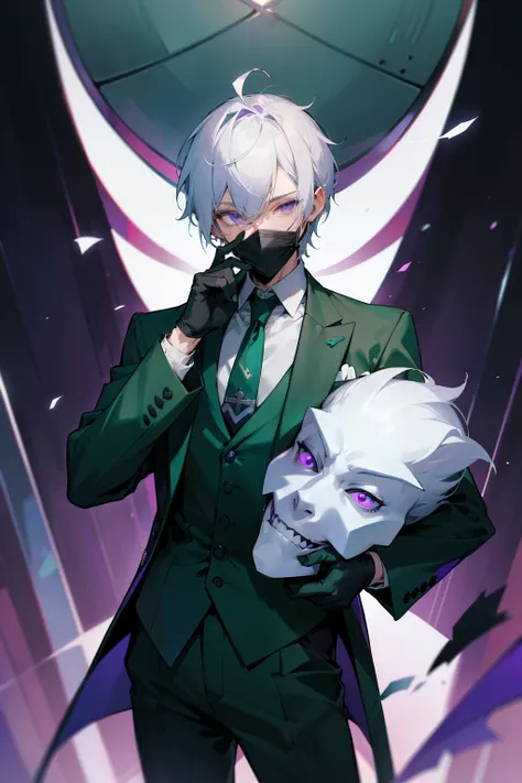 man、green suit、Blue tie、white hair、sharp eyes、30 years old、Sing along to the song.、black gloves、young men、short hair、purple eyes、holding a mask in hand、standing picture